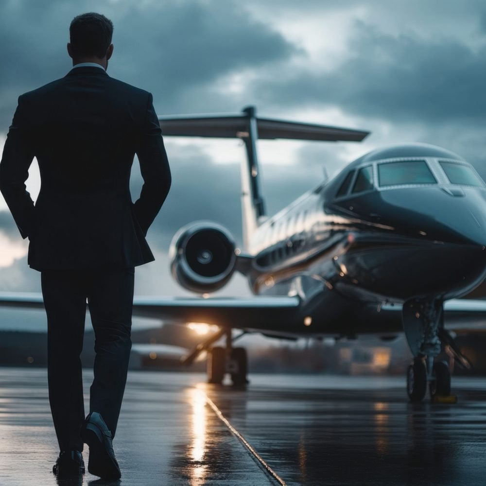 Clad in a sharp suit, a determined businessman strides towards a sleek private jet against a backdrop of moody clouds and twilight, signaling adventure.